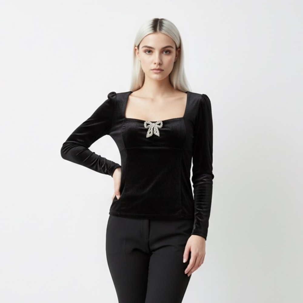Rachel Zoe Black Velvet Blouse with Silver Bow